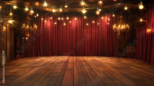 A theater stage with thick, velvety curtains, hanging lights with a vintage feel, and beautifully varnished wood floors.