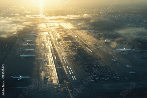 Sunrise over airport tarmac, planes parked, city skyline
