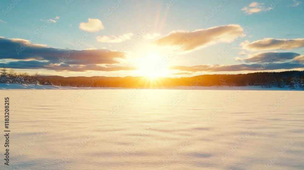 Fototapeta premium Winter Sunset over Snowy Field and Forest