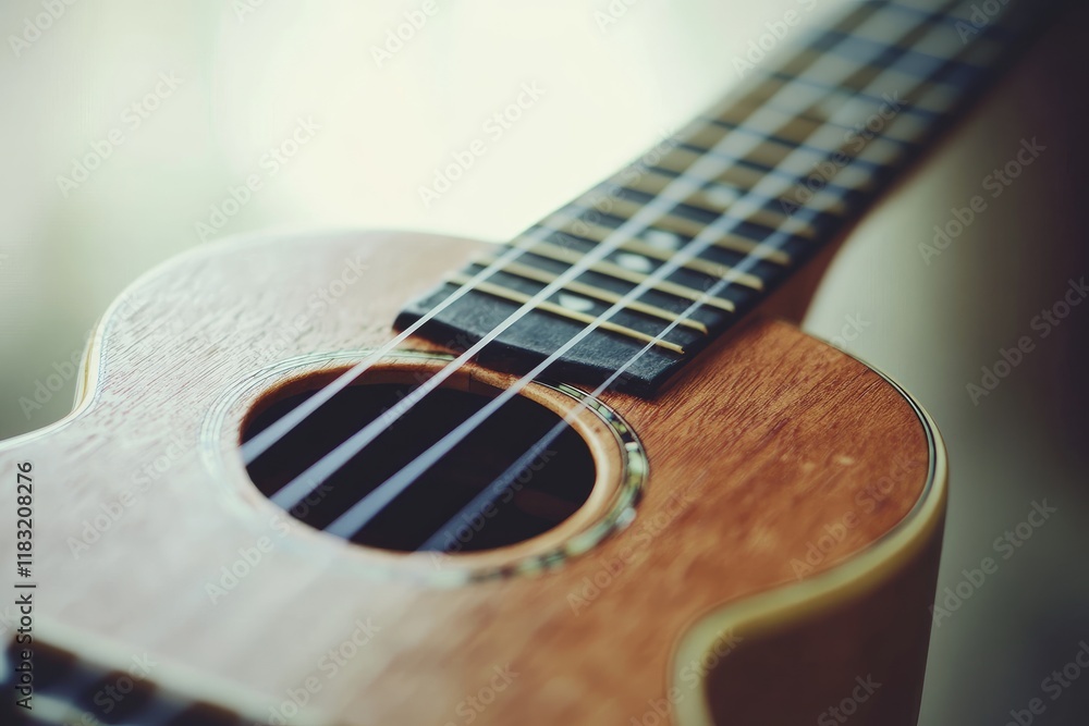 Obraz premium Closeup view of a wooden ukulele soundhole and strings
