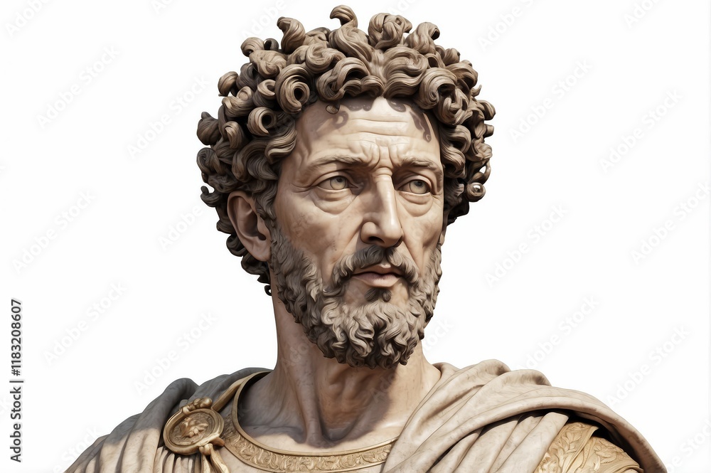 Close-up of a detailed sculpted bust of a man with curly hair and a beard, wearing a toga. Close-up of a detailed sculpted bust of a man with curly hair and a beard, wearing a toga.