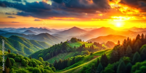 Miniature Sunset Over Lush Green Mountains - Pixel Art Style Tilt-Shift Photography