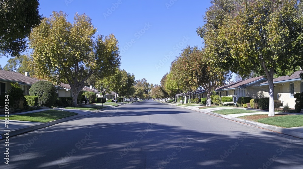 A tranquil suburban street with identical houses, tree canopies providing shade, and a cloudless blue sky. A tranquil suburban street with identical houses, tree canopies providing shade, and a cloudless blue sky.
