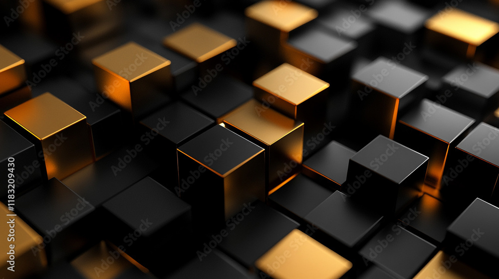 Dynamic arrangement of black and gold cubes creating an abstract pattern in a modern design Dynamic arrangement of black and gold cubes creating an abstract pattern in a modern design
