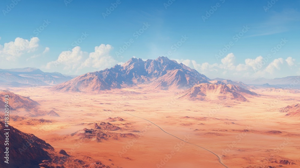 Fototapeta premium A vast desert plain with a distant mountain range and a single road.