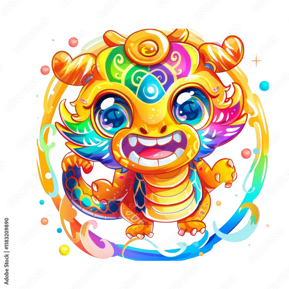A colorful, cartoon dragon with big eyes, a toothy grin, and a yellow and rainbow body. The dragon is surrounded by swirls of vibrant colors and a ring of yellow. A colorful, cartoon dragon with big eyes, a toothy grin, and a yellow and rainbow body. The dragon is surrounded by swirls of vibrant colors and a ring of yellow.