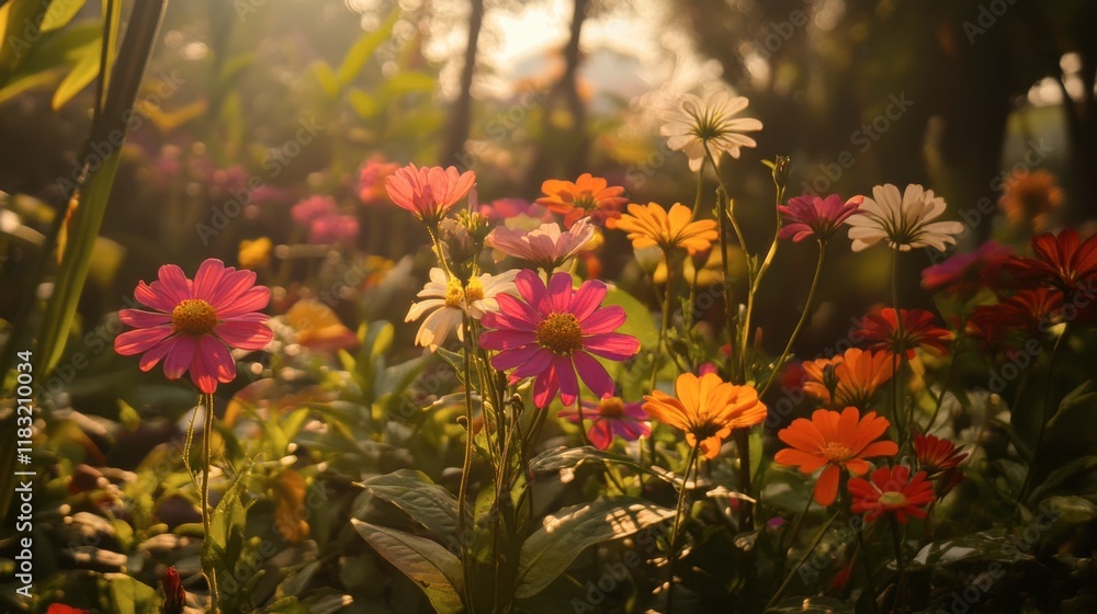 Obraz premium A vibrant flower garden at Flora Park, Wang Nam Khiao, with colorful blooms in full display under the bright sunshine.