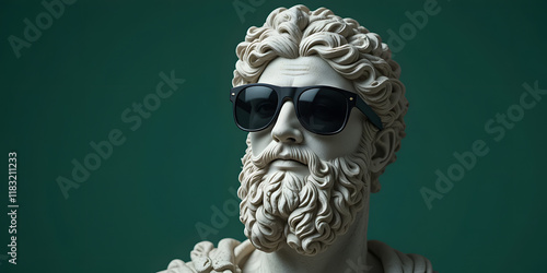 modern greek marble statue with black sun glasses in solid dark green background
