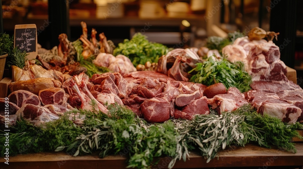 A variety of fresh game meats, such as venison and wild boar, laid out on a butcher's table with greenery. A variety of fresh game meats, such as venison and wild boar, laid out on a butcher's table with greenery.