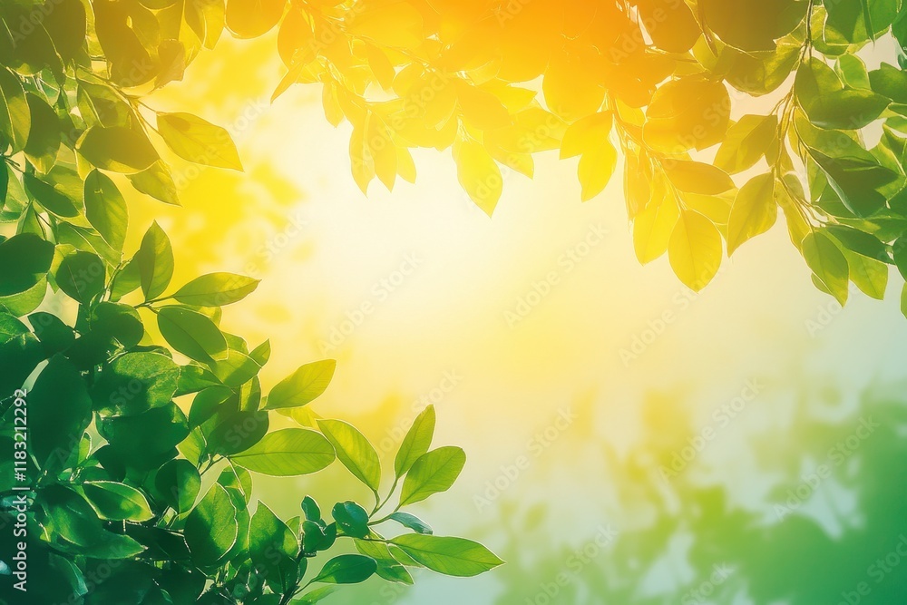 Obraz premium Sunlight filtering through vibrant green leaves in a tranquil forest setting
