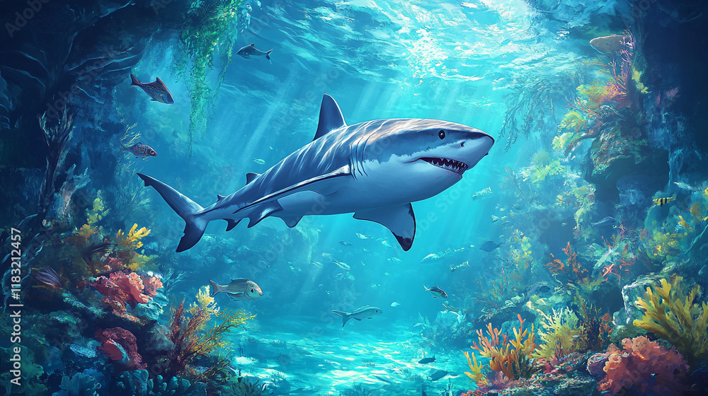 Fototapeta premium Underwater encounter with a large shark in a vibrant coral reef