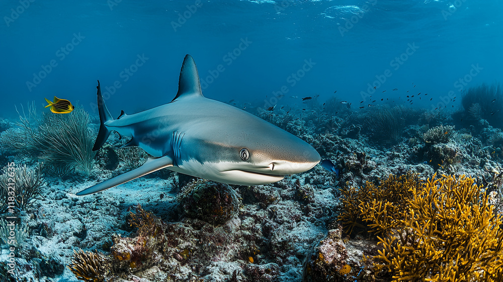 Fototapeta premium Underwater encounter with a shark in a vibrant coral reef ecosystem