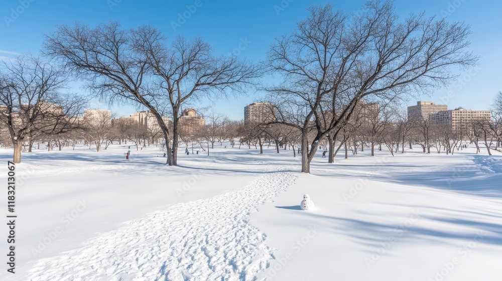 Fototapeta premium Winter Wonderland Park Snowman Cityscape View