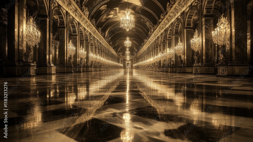 Fototapeta premium The grandeur of the Hall of Mirrors at Versailles Castle, with reflections dancing on the shiny floors.