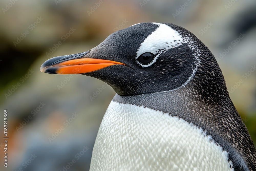 Naklejka premium Close-up view of a gentoo penguin in a natural habitat with blurred rocky background