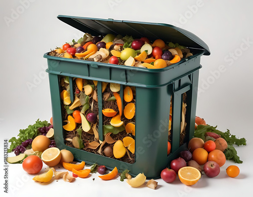 A compost bin with visible fruit peels and vegetable scraps, isolated on a white background. photo