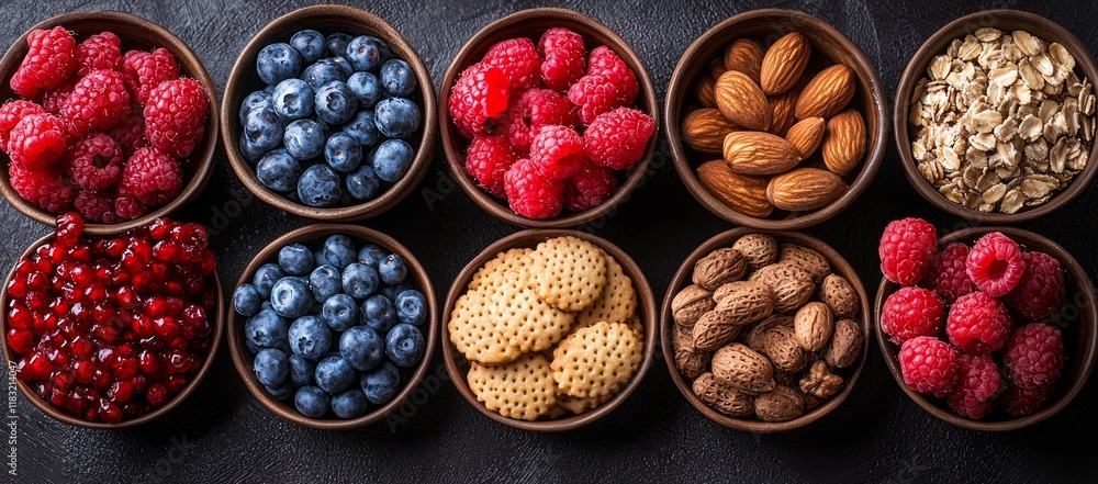 Overhead shot of bowls filled with various healthy foods like raspberries, blueberries, almonds, oats, and pomegranate seeds. Overhead shot of bowls filled with various healthy foods like raspberries, blueberries, almonds, oats, and pomegranate seeds.