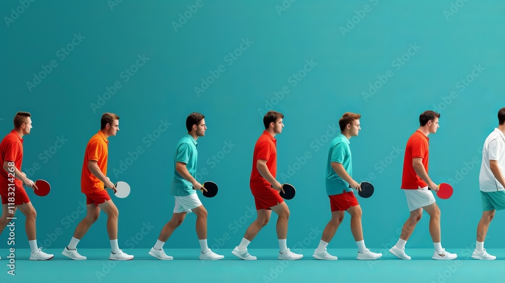 A diverse group of young men, wearing colorful sports attire, confidently walks in formation, each holding a table tennis paddle against a vibrant backdrop. A diverse group of young men, wearing colorful sports attire, confidently walks in formation, each holding a table tennis paddle against a vibrant backdrop.