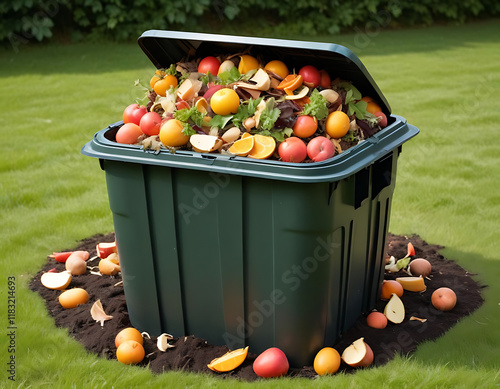 A compost bin with visible fruit peels and vegetable scraps, isolated on a white background. photo