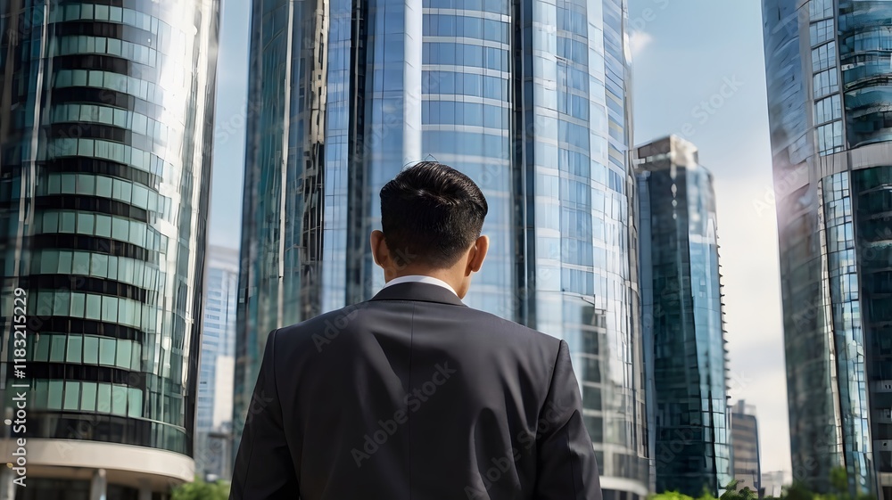 a businessman looking at the the office buildings symbolizing dreams and success a businessman looking at the the office buildings symbolizing dreams and success