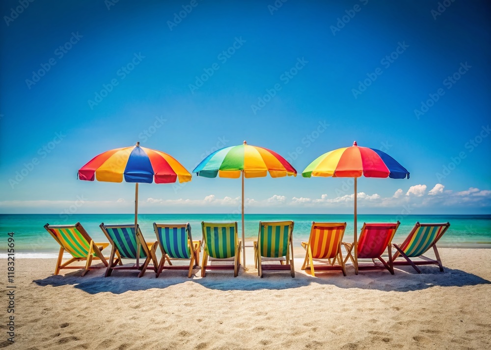 Fototapeta premium Minimalist Beach Scene: Colorful Chairs & Umbrella on Sandy Shore