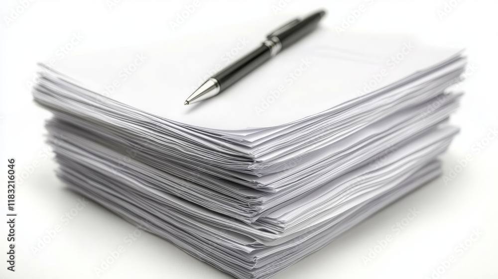 Neatly Stacked Blank Sheets of Paper with a Black Pen Placed on Top, Ideal for Office Settings, Writing, Note-taking, and Document Preparation Neatly Stacked Blank Sheets of Paper with a Black Pen Placed on Top, Ideal for Office Settings, Writing, Note-taking, and Document Preparation