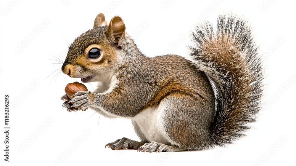 A cute gray squirrel holding an acorn, showcasing its fluffy tail and curious expression against a white background. A cute gray squirrel holding an acorn, showcasing its fluffy tail and curious expression against a white background.