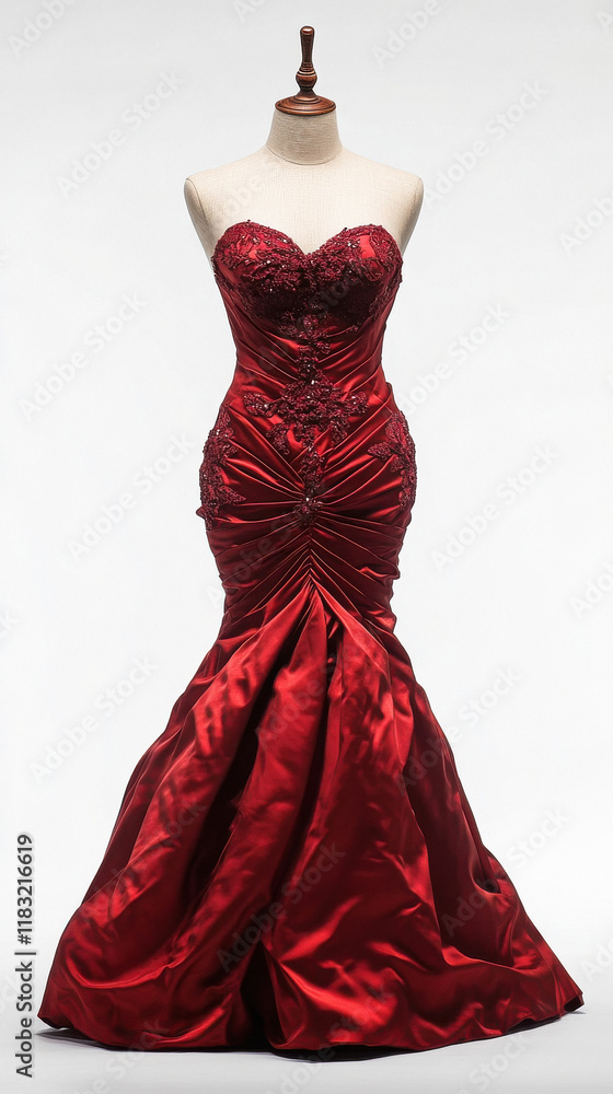 Red-colored party gown displayed on a mannequin with a white background. Red-colored party gown displayed on a mannequin with a white background.
