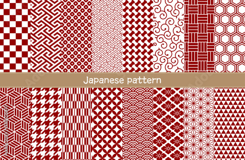 シームレス和柄パターン16種類セット 唐草模様、七宝、鹿の子、矢絣、分銅つなぎ、紗綾形、工字繋ぎ