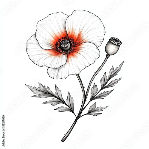 A detailed illustration of a white poppy flower with orange accents and a budding flower, showcasing intricate leaf designs.