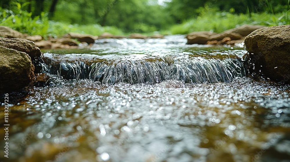 Fototapeta premium Serene Stream Flowing Over Rocks In Green Forest