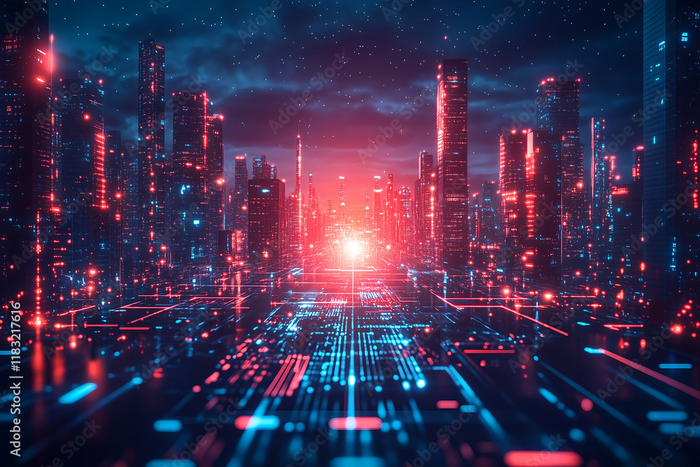 Obraz premium Futuristic Sci-Fi Landscape: a glowing futuristic high-tech cityscape background with floating buildings, and neon lights. The atmosphere is dynamic, with a starry night sky and cyberpunk vibes.