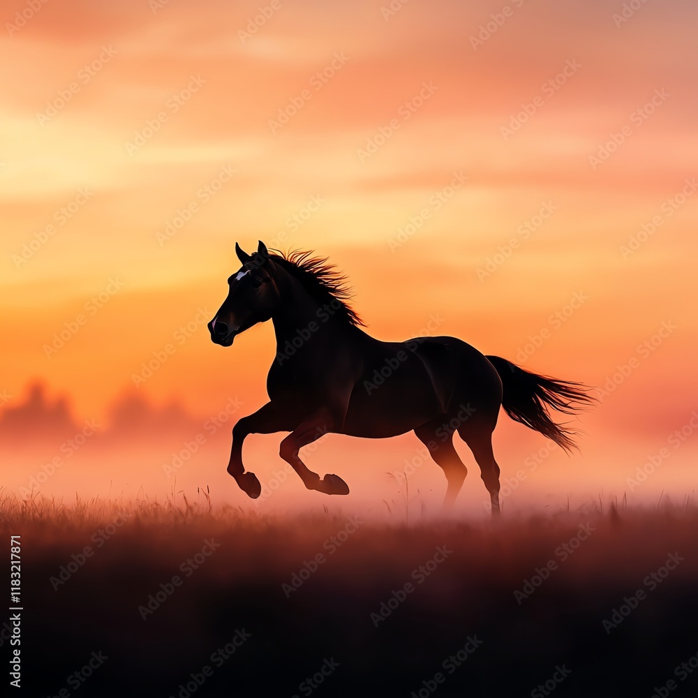 A silhouette of a horse galloping against a vibrant sunset, creating a serene and dynamic atmosphere in a misty landscape. A silhouette of a horse galloping against a vibrant sunset, creating a serene and dynamic atmosphere in a misty landscape.