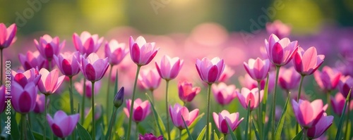 A field of violet and pink colored garden flowers swaying gently, swaying, colored photo