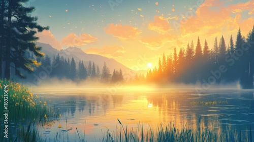 Serene Sunset Over Misty Lake And Mountains photo