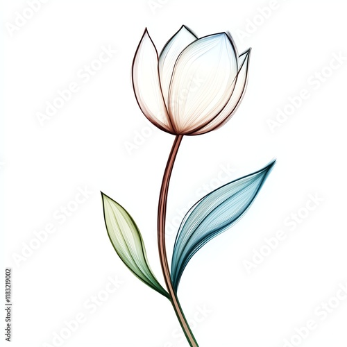 A delicate, stylized flower with soft lines and pastel hues, featuring a single bloom and two leaves, set against a plain background.