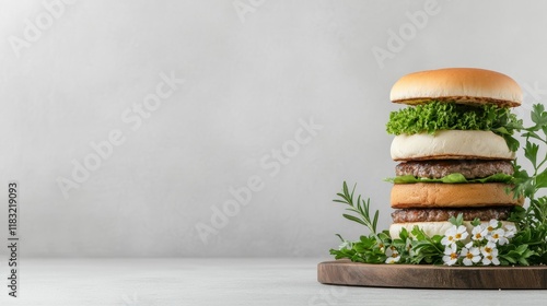 Triple Decker Gourmet Burger on Wooden Board with Fresh Herbs photo