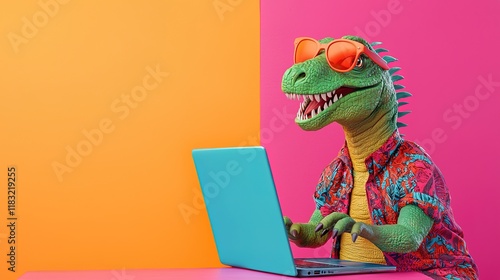 Fototapeta Naklejka Na Ścianę i Meble -  Dinosaur Laptop Summer Fun