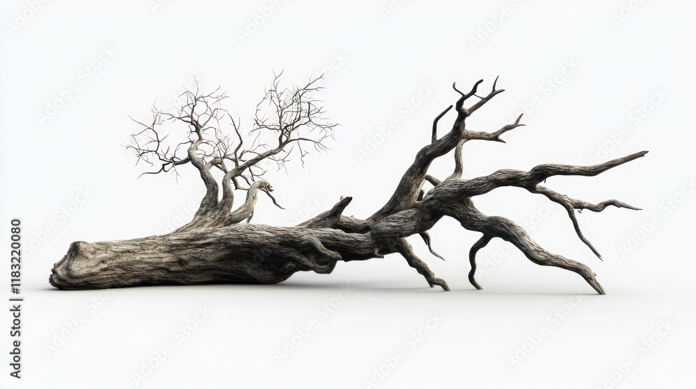 Obraz premium A weathered, gnarled tree trunk with bare branches, showcasing natural textures and forms.
