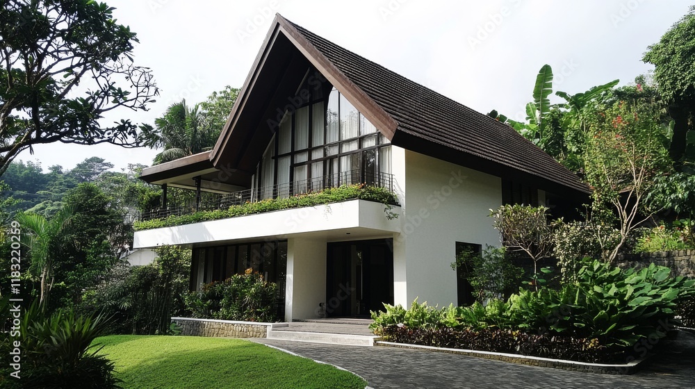 117.A contemporary home featuring a Korean Scandinavian design, with clean geometric lines, a sloped roof, and a neutral color palette, located on a quiet city street in Bogor. 117.A contemporary home featuring a Korean Scandinavian design, with clean geometric lines, a sloped roof, and a neutral color palette, located on a quiet city street in Bogor.