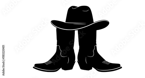Cowboy boots and western hat. Vector graphic hand drawn illustration rodeo cowboy clothes isolated on white for print or design
