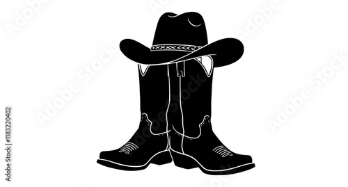 Cowboy boots and western hat. Vector graphic hand drawn illustration rodeo cowboy clothes isolated on white for print or design
