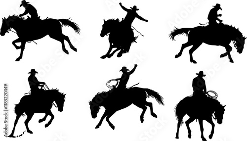 vector set of Cowboy rodeo set wild horses. Vector rodeo silhouette of cowboy riding wild horses isolated on white for design
