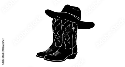Cowboy boots and western hat. Vector graphic hand drawn illustration rodeo cowboy clothes isolated on white for print or design
