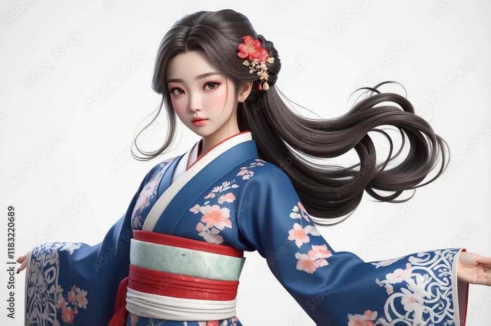 Young woman in a flowing blue kimono with cherry blossoms, long black hair. Young woman in a flowing blue kimono with cherry blossoms, long black hair.