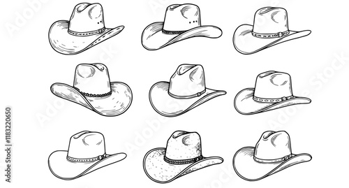 vector set of Cowboy hat. Set of American traditional Western hats isolated on white
