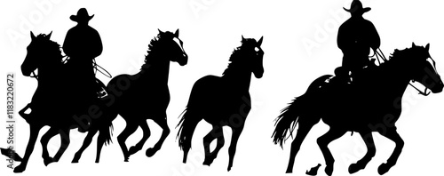 vector set of Cowboy rodeo set wild horses. Vector rodeo silhouette of cowboy riding wild horses isolated on white for design
