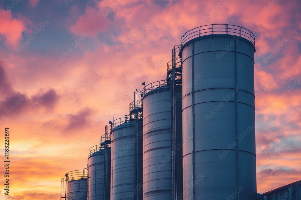 Industrial Silos at Sunset Sky Displaying Vibrant Colors Industrial Silos at Sunset Sky Displaying Vibrant Colors