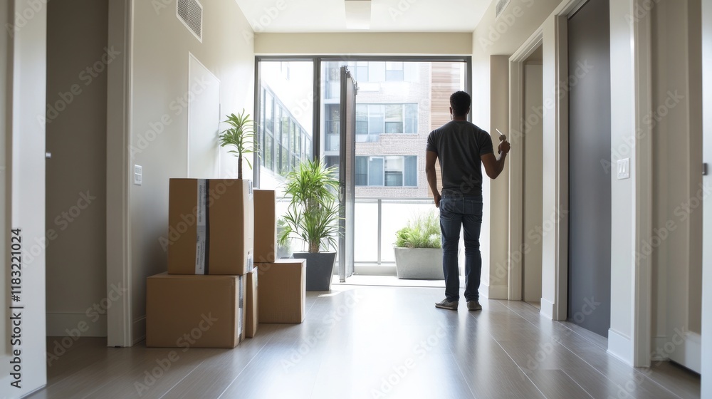 36.A family man standing near a set of stacked boxes in a modern apartment hallway, holding a key while looking at an open door leading into the main living space. 36.A family man standing near a set of stacked boxes in a modern apartment hallway, holding a key while looking at an open door leading into the main living space.