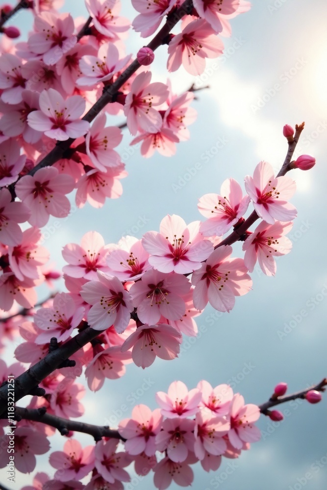 Cherry blossoms in full bloom against a gray cloudy sky with sunlight peeking through, leaves, soft, branches Cherry blossoms in full bloom against a gray cloudy sky with sunlight peeking through, leaves, soft, branches